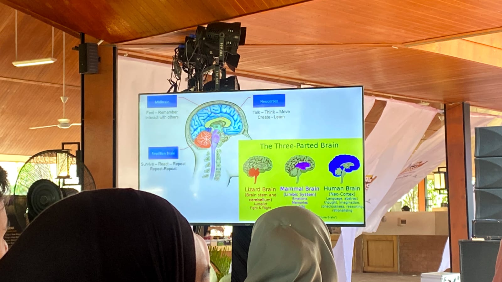 Adjie Santosoputro memaparkan materi mengenai konsep three-parted brain kepada peserta talkshow.